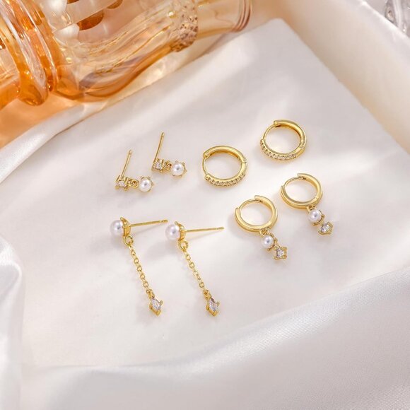 Dainty 14K Gold Plated 4 pearl drop chain Hoops Trendy Earring Set for Women - Picture 6 of 7